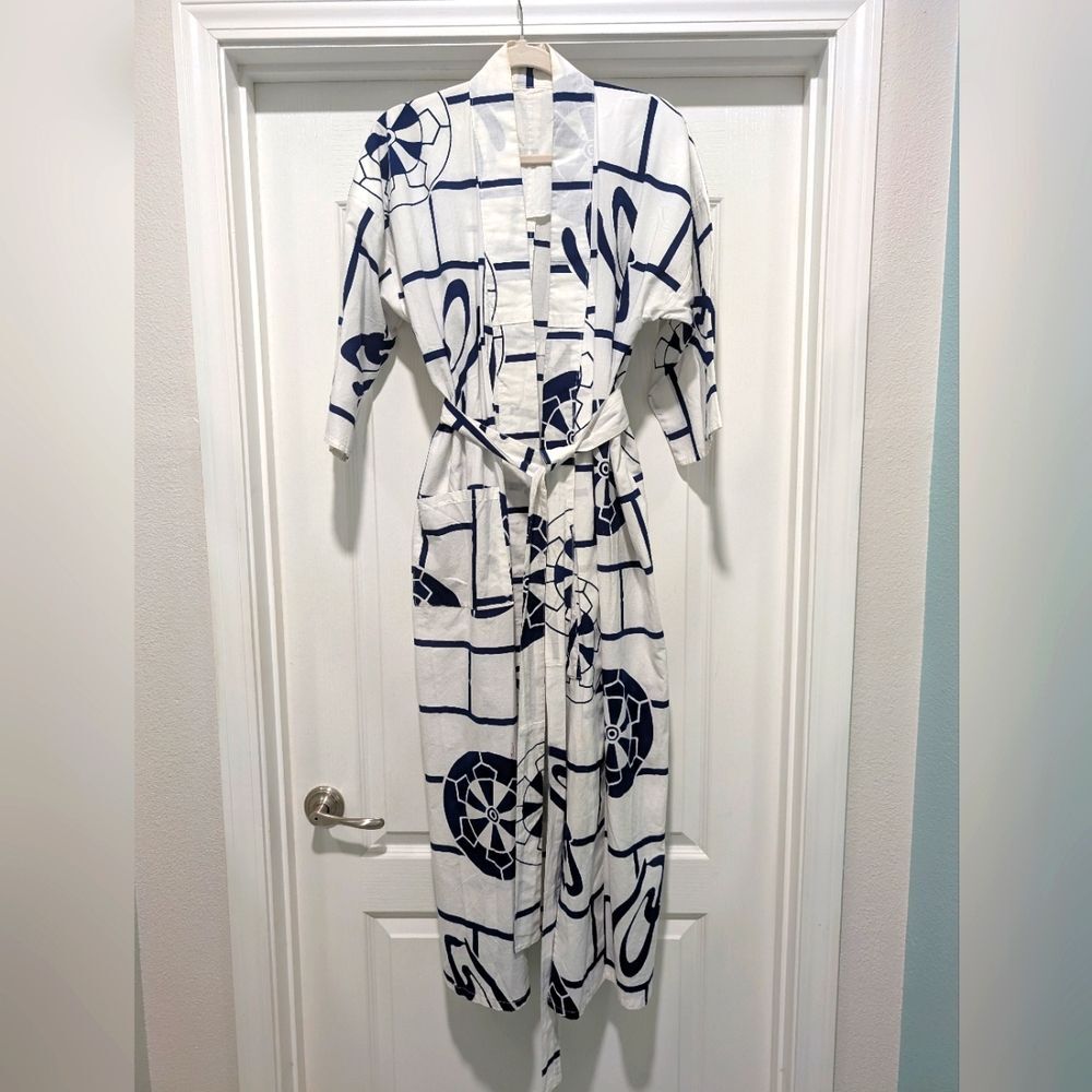 Handmade Blue White Cotton Poplin Robe One Size Women's